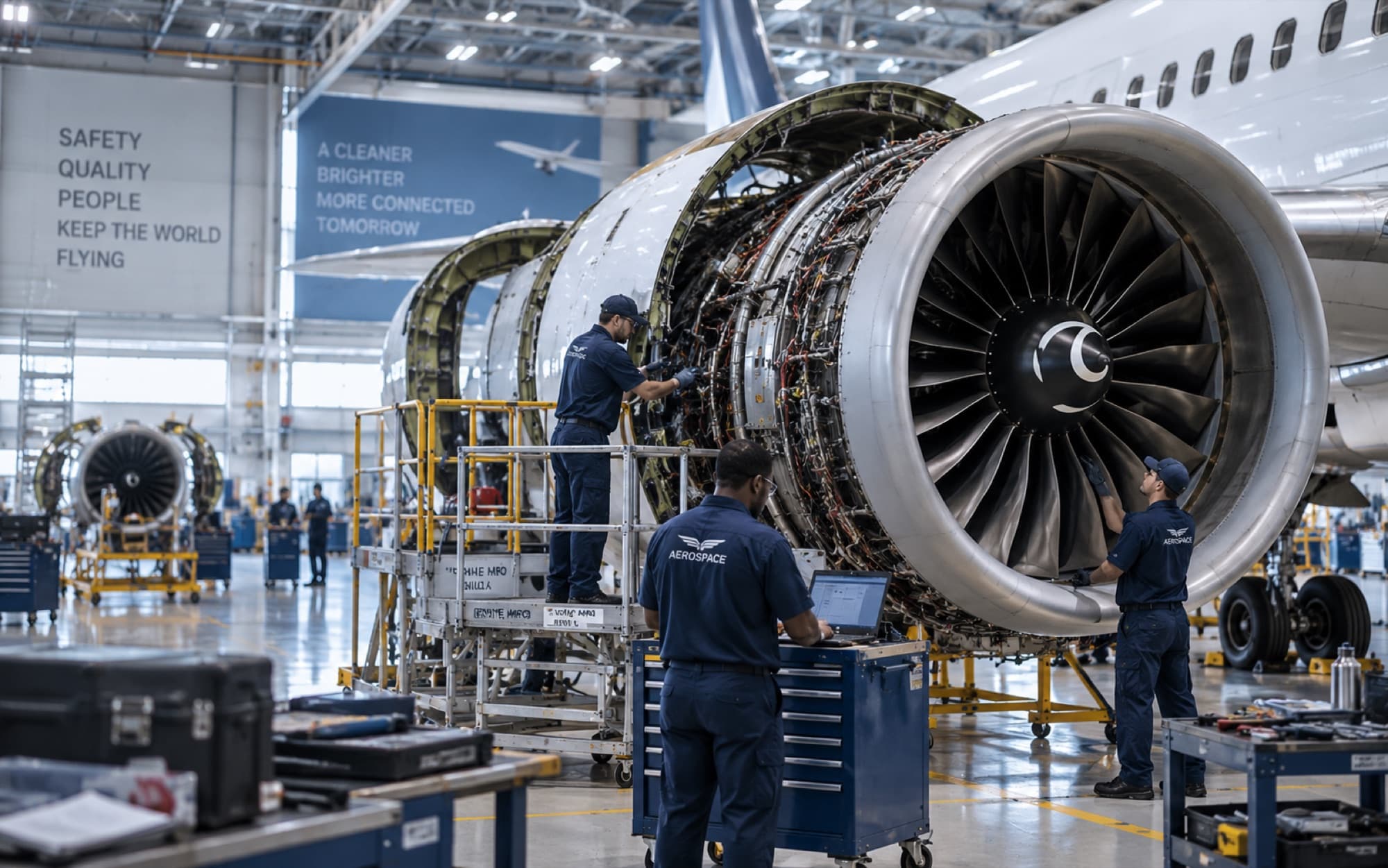 Technicians servicing a jet engine in a hangar